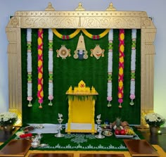 Gruha Pravesham Decoration Ideas, Gruhapravesham Decoration Ideas, Ugadi Decorations At Home, Pooja Backdrop Decoration Diy, Housewarming Decorations Indian, Gruhapravesam Decoration Ideas