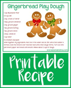 the recipe for gingerbread play dough is shown in green and white with an image of two