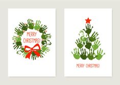 two christmas cards with handprints in the shape of a christmas tree and red star