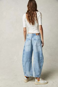 Lucky You Mid-Rise Barrel Jeans | Free People Distressed Wide Leg Cropped Jeans With Relaxed Fit, Spring Wide Leg Cargo Jeans With Frayed Hem, Spring Wide-leg Cargo Jeans With Frayed Hem, Faded Cargo Jeans With Five Pockets For Spring, Faded Cargo Jeans For Spring, Spring Washed Wide Leg Cargo Jeans, Spring Wide Leg Washed Cargo Jeans, Wide Leg Washed Cargo Jeans For Spring, Trendy Jeans Outfits