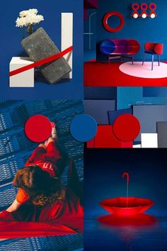 the collage shows different types of furniture and decor in red, blue, and white