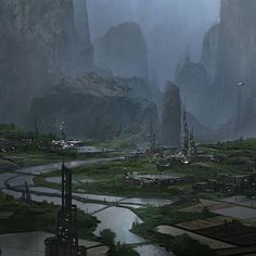 a sci - fi city surrounded by mountains in the distance, with a river running through it