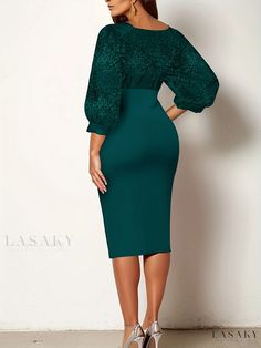 Lasaky - Womens Plus Size Sophisticated Party Dress - Solid Sequin Bubble Sleeved Surplice Neck Split Hem Midi Dress for a Flattering Slim Fit Holiday Formal Bodycon Dress, Elegant Stretch Holiday Dresses, Elegant Sheath Mini Dress For Holiday, Green Long Sleeve Midi Dress For Party, Elegant Holiday Sheath Mini Dress, Green Dress For Dinner And Party Season, Green Sheath Party Dress, Elegant Bodycon Mini Dress For Banquets, Elegant Fitted Bodycon Dress For Banquet