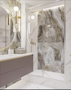 a bathroom with marbled walls and flooring, including a walk - in shower