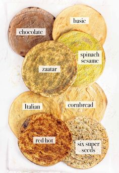 the different types of breads are shown in this image, with labels on them