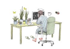 a drawing of a person sitting at a desk in front of a computer and plants