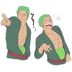 an anime character with green hair pointing to the left and right side of his face