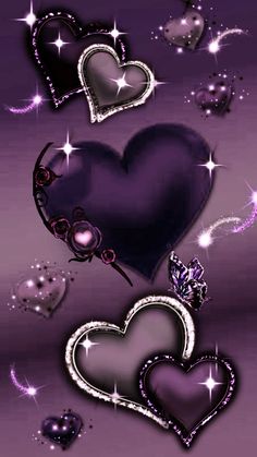 three hearts with sparkles and stars in the background, one is purple and the other is green