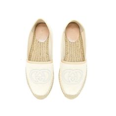 These are ivory white Gucci Pilar Espadrille Flats in size 39.5. The insole is 9 1/2". The outsole is 10 3/4". Runs small; get 1/2 size up. New, no box or dust bag. The iconic interlocking GG monogram accents this texture-rich espadrille lifted on a jute-wrapped sole. 1" platform  Textile upper and lining/rubber sole Made in Italy Espadrille Flats, Gg Monogram, Flats Shoes, Flat Espadrilles, Ivory White, Flat Shoes Women, Shoes Flats, Espadrilles, Rubber Sole