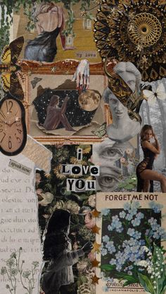 altered collage with various images and words on it's side, including an image of a woman surrounded by flowers