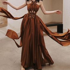 Dark Tan Dress Wore Once Like Brand New. No Stain, No Scratches. Brown Dresses Aesthetic, Flame Dress Gowns, Sun Inspired Dress, Dark Color Dresses, Bronze Wedding Dress, Dnd Dress, Gold Brown Dress, Brown Wedding Dress, Desert Dress