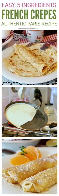 french crepes with oranges and cream on the side are being prepared for breakfast