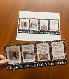 a person holding up a book with pictures on it and the words steps to check out your books