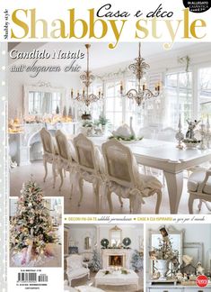 a magazine cover with an image of a dining room table and chairs in white colors