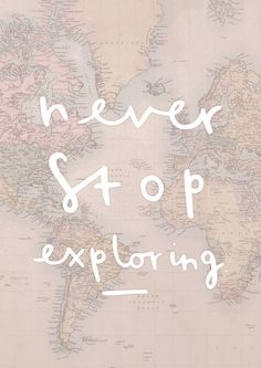 a map with the words never stop exploring written on it in white ink, against a pale pink background