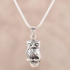 Crafted from sterling silver and accented by a combination of finishes, a magnificent owl forms the pendant of this necklace. Narayannii presents this accessory. Sterling Silver Pendant Charm Necklace With Oxidized Finish, Sterling Silver Owl, Owl Pendant Necklace, Silver Owl, Owl Pendant, Sterling Silver Necklace Pendants, Silver Pendant Necklace, Sterling Silver Pendant, Owls