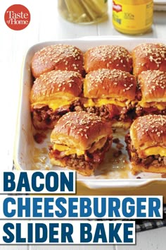 bacon cheeseburger slider bake in a baking dish with the words, bacon cheeseburger slider bake