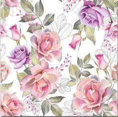 a watercolor painting of pink roses and green leaves