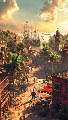 an image of a pirate ship in the middle of a town with lots of palm trees