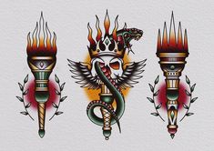 three different colored tattoos on the side of a white paper with an image of a snake and