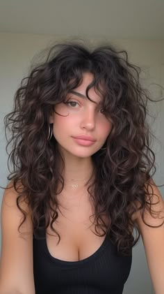 Mid Length Hair For Curly Hair, Shaggy Perm Long Hair, Wavy Hair Perm Women, Bangs On Wavy Hair Curls, Long Haircuts With Bangs Curly, Perm Shag Hair, Long Naturally Curly Haircuts, Modern Shag Haircut Curly Hair, Triple Unicorn Haircut Curly Hair