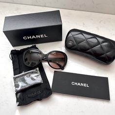 Gently Used Chanel Signature Butterfly Sunglasses. Item Comes With Original Box, Protective Case, Dust Bag, Never Used Cleaning Cloth And Paperwork. Black Frame With A Beige Accent And A Beautiful Brown Gradient Lens. Chanel Glasses Case With Chain, Chanel Sunglasses Women, Chanel Glasses, Shades Sunglasses, Chanel Sunglasses, Butterfly Sunglasses, Chanel Accessories, Brown Gradient, Chanel Black