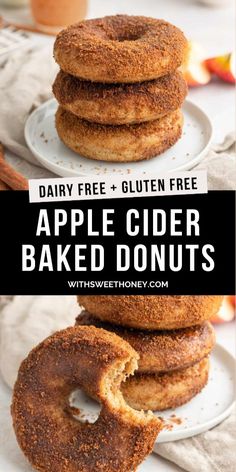 apple cider baked donuts stacked on top of each other with text overlay