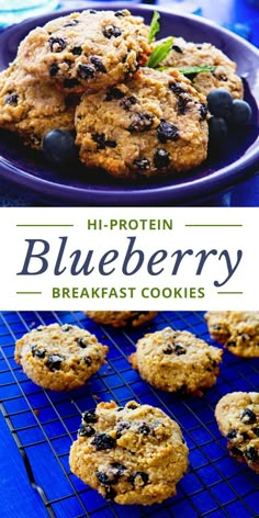 blueberry breakfast cookies on a cooling rack with the words hi - protein blueberry breakfast cookies