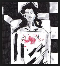 a black and white drawing of a woman laying in bed with blood on her chest