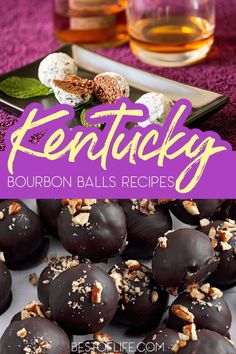 chocolate covered candies with nuts on top and the words kentucky bourbon balls recipe in front