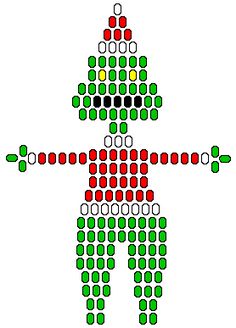 an image of a person made out of circles and dots in green, red, yellow and white