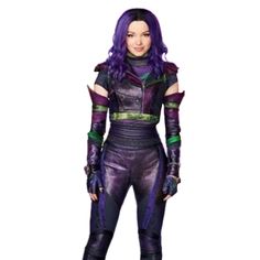 a woman with purple hair and black leathers standing in front of a white background