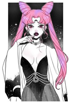 a drawing of a woman with pink hair and horns on her head, wearing a black dress