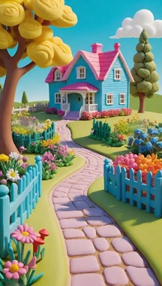 a painting of a blue house with flowers in the front yard and a pathway leading to it