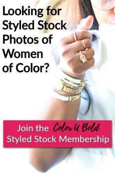 a woman wearing glasses and holding a cell phone with the text looking for styled stock photos of women of color? join the colored stock member