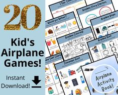 an airplane themed activity pack with the words, 20 kids's airplane games instant printable