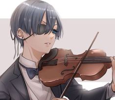 an anime character holding a violin in his right hand