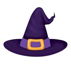 a purple witches hat with a square buckle on the front, and an orange ring at the center