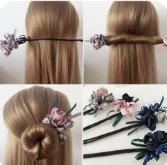 Flower Donut, Hair Plates, Half Bun Hairstyles, Bun Maker Hairstyles, Donut Bun, Hair Braiding Tool, Hair Bun Maker, Bun Maker, Floral Ribbon