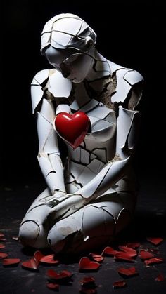 a white statue holding a red heart sitting on top of a black floor covered in petals