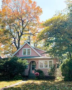 a small pink house surrounded by trees and leaves