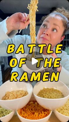 a woman is making noodles in bowls with the words battle of the ramen above her