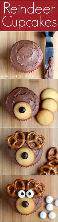 an image of homemade reindeer cupcakes with chocolate frosting and pretzels