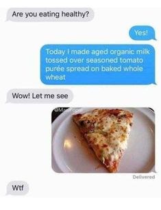 two texts each have different types of food and one has an image of a slice of pizza on it