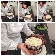 a woman is decorating a cake with white frosting and chocolate sprinkles