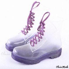 Olivia Mark - Elegant Black Rain Boots with Visible Inner Soles Clear Rain Boots, Transparent Heels, Rough Heels, Black Rain Boots, Black Socks, Waterproof Shoes, Thick Heel, Clear Heels, Purple Background