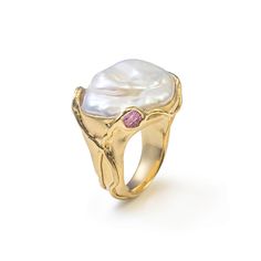 Introducing the Designer Silver Ring from the Freakwater Pearl Collection by German Kabirski. Plated entirely with 18K gold, this ring embodies the essence of unspoiled natural beauty. With its striking Baroque Pearl and raw Ruby accent, it stands as a testament to the untouched, wild elegance found in nature. NOTE: Crafted from natural materials, each ring is unique, shaped by the pearl and ruby it holds, so the piece you receive may vary slightly from any images shown. Gemstone color may vary depending on lighting conditions. Refer to model photos in diffused light for the most accurate representation. This piece features a natural freshwater Baroque Pearl, which originates from freshwater mollusks. Unlike traditional pearls, its surface is characterized by a unique texture and may inclu Raw Pearl Engagement Ring, Baroque Pearl Ring, Baroque Ring, German Kabirski, Baroque Jewelry, Raw Ruby, Ruby Ring Gold, Pearl Engagement Ring, Gold Pearl Ring