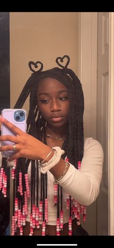 Box Braids Pink Peekaboo, Long Braids With Pink Beads, Black Braids With Pink Beads, Colorful Box Braids With Beads, Pink Beads On Braids, Brown Braids With Pink Beads, Black And Purple Braids With Beads, Braid Charms Black Hair, Black And Pink Peekaboo Braids