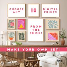 a living room with pictures on the wall and furniture in front of it that says, choose any 10 prints from the shop make your own set