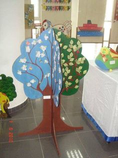 the children's room is decorated with paper trees and toys on the tablecloths